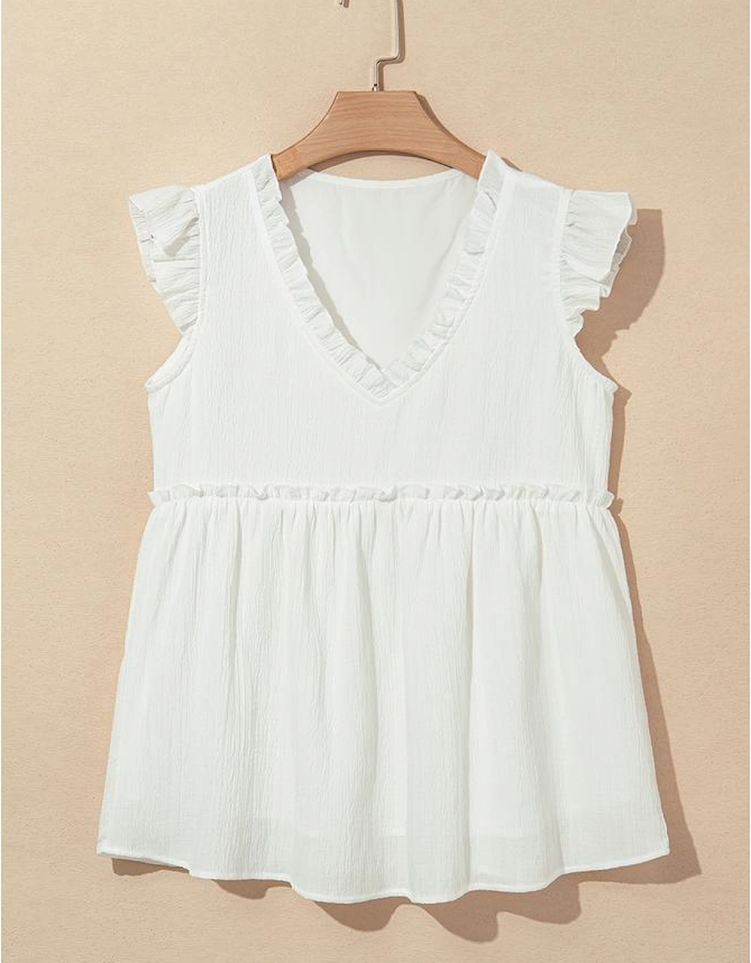 White Textured Ruffled Trim V Neck Flutter Flowy Top