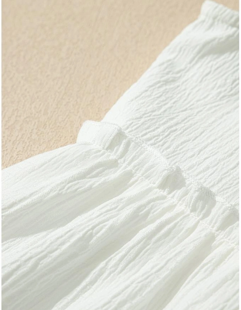 White Textured Ruffled Trim V Neck Flutter Flowy Top