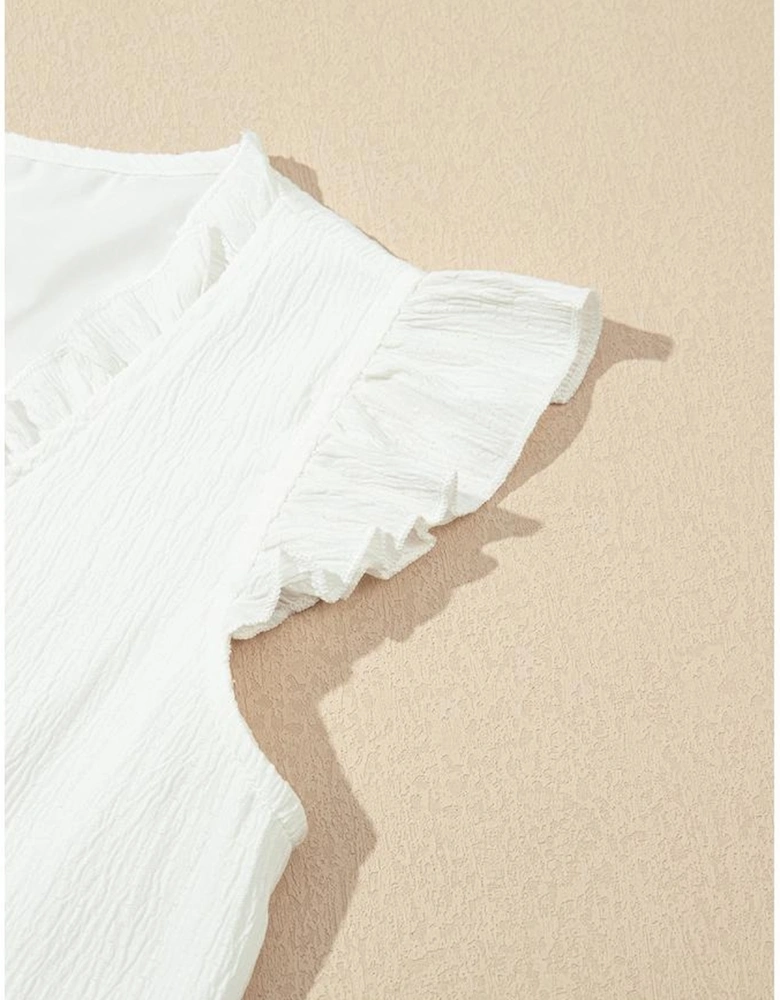White Textured Ruffled Trim V Neck Flutter Flowy Top