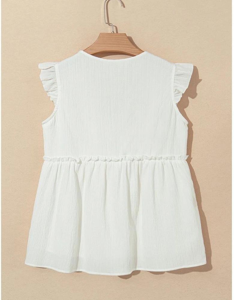 White Textured Ruffled Trim V Neck Flutter Flowy Top