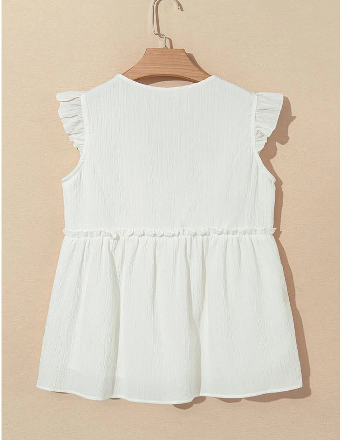 White Textured Ruffled Trim V Neck Flutter Flowy Top