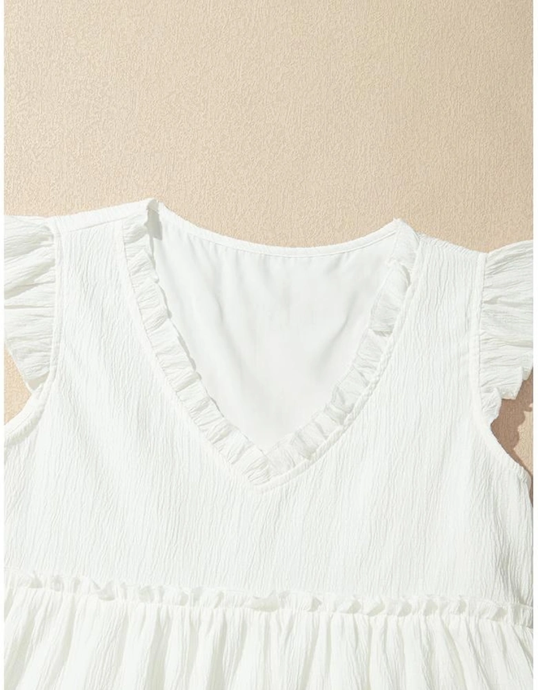 White Textured Ruffled Trim V Neck Flutter Flowy Top