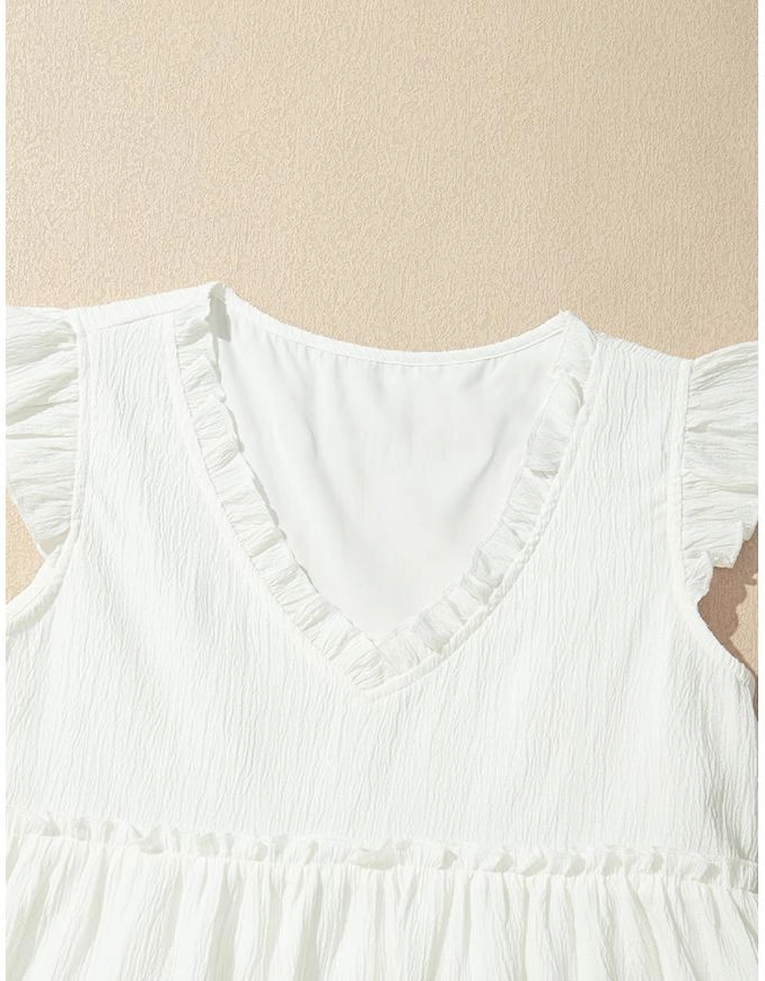 White Textured Ruffled Trim V Neck Flutter Flowy Top