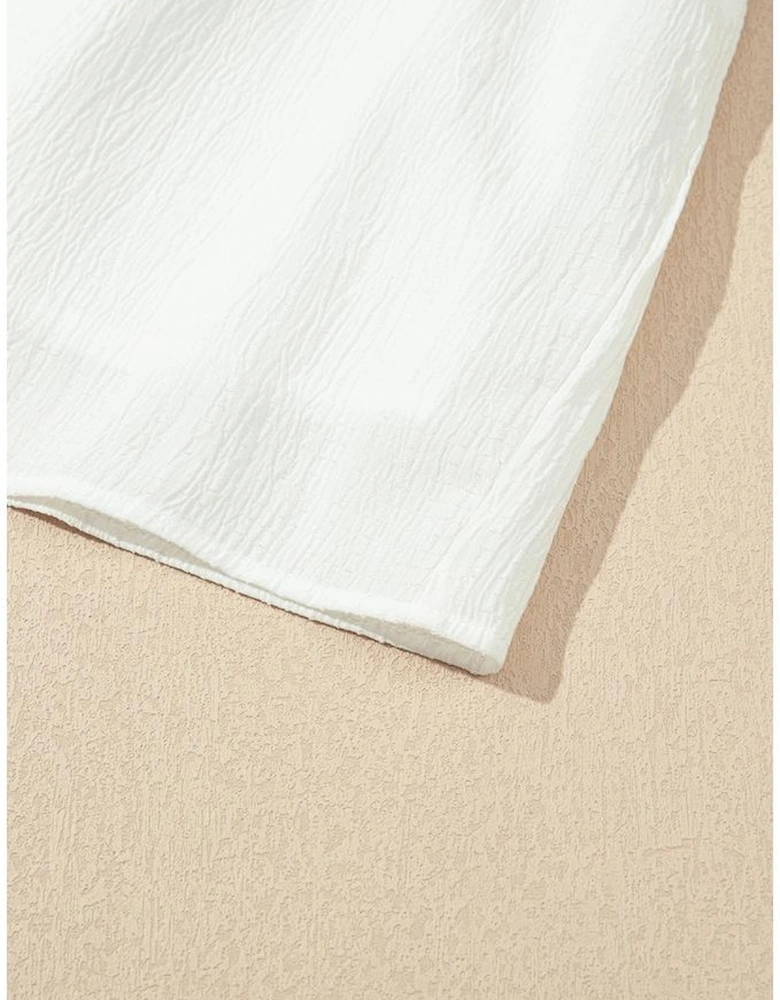 White Textured Ruffled Trim V Neck Flutter Flowy Top