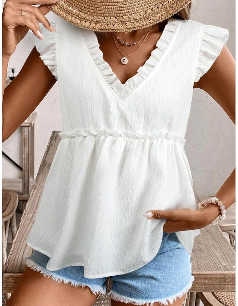 White Textured Ruffled Trim V Neck Flutter Flowy Top