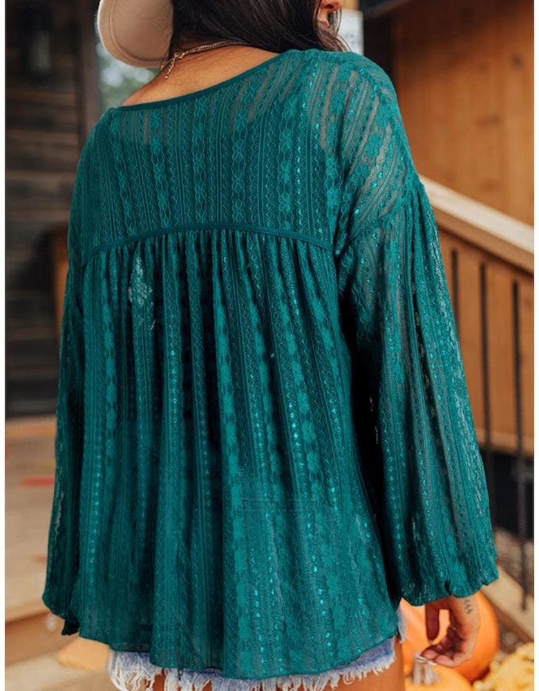 Evergreen Sheer Lace Balloon Sleeve Babydoll Blouse