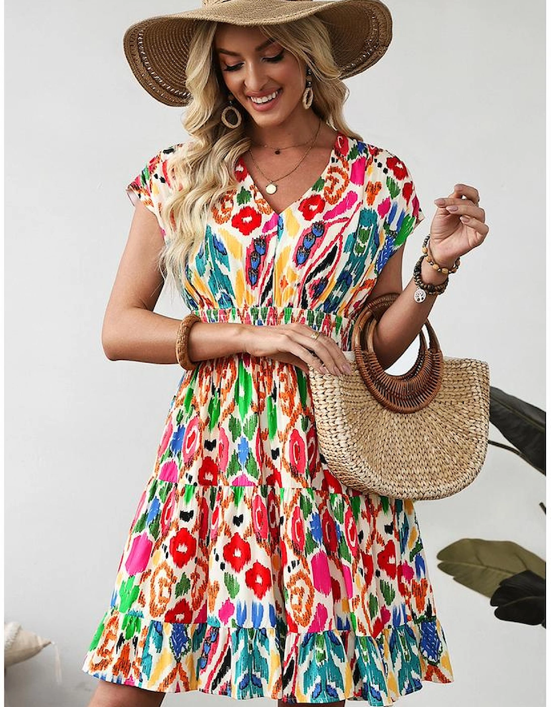 Sky Blue Abstract Print V Neck Dolman Sleeve Ruffle Tiered Mini Dress