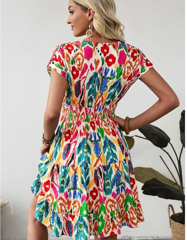 Sky Blue Abstract Print V Neck Dolman Sleeve Ruffle Tiered Mini Dress