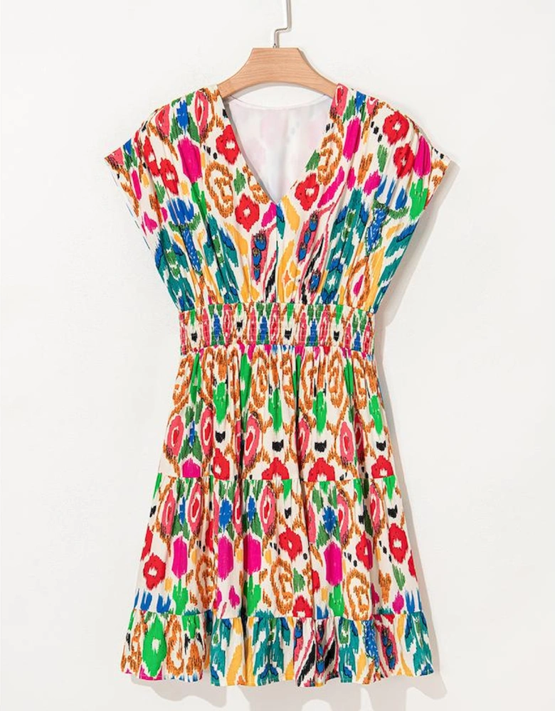 Sky Blue Abstract Print V Neck Dolman Sleeve Ruffle Tiered Mini Dress