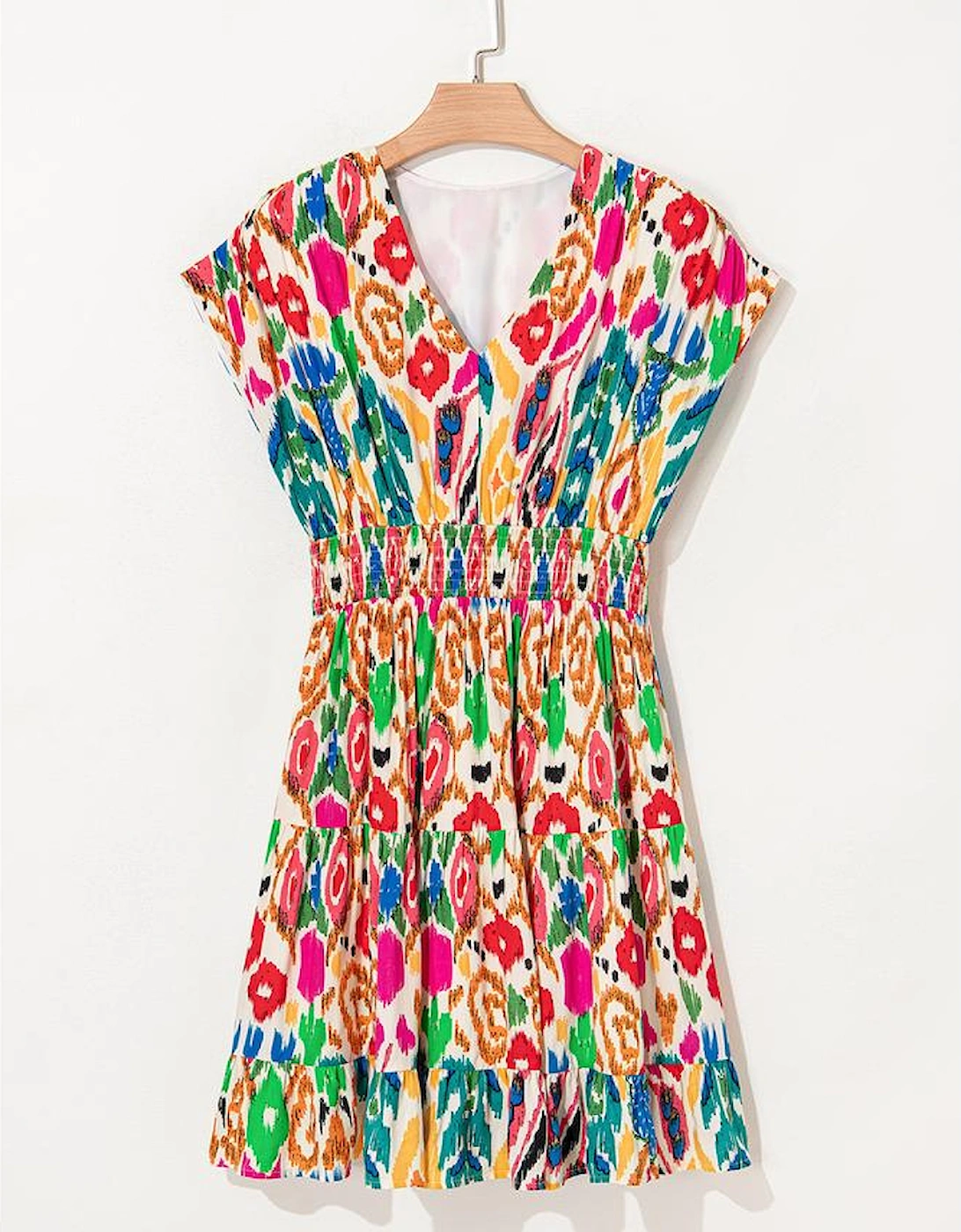 Sky Blue Abstract Print V Neck Dolman Sleeve Ruffle Tiered Mini Dress