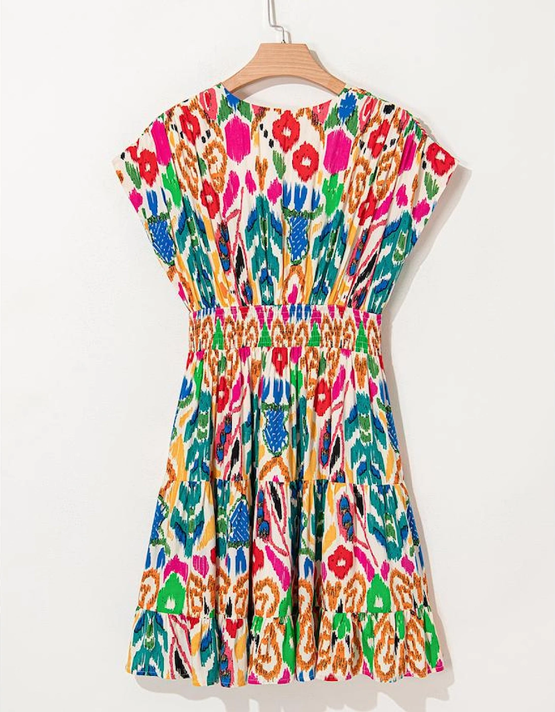 Sky Blue Abstract Print V Neck Dolman Sleeve Ruffle Tiered Mini Dress