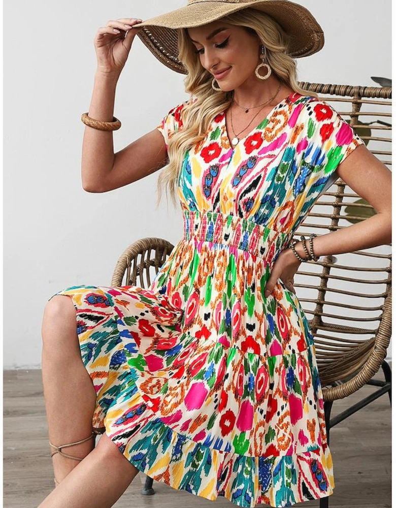 Sky Blue Abstract Print V Neck Dolman Sleeve Ruffle Tiered Mini Dress