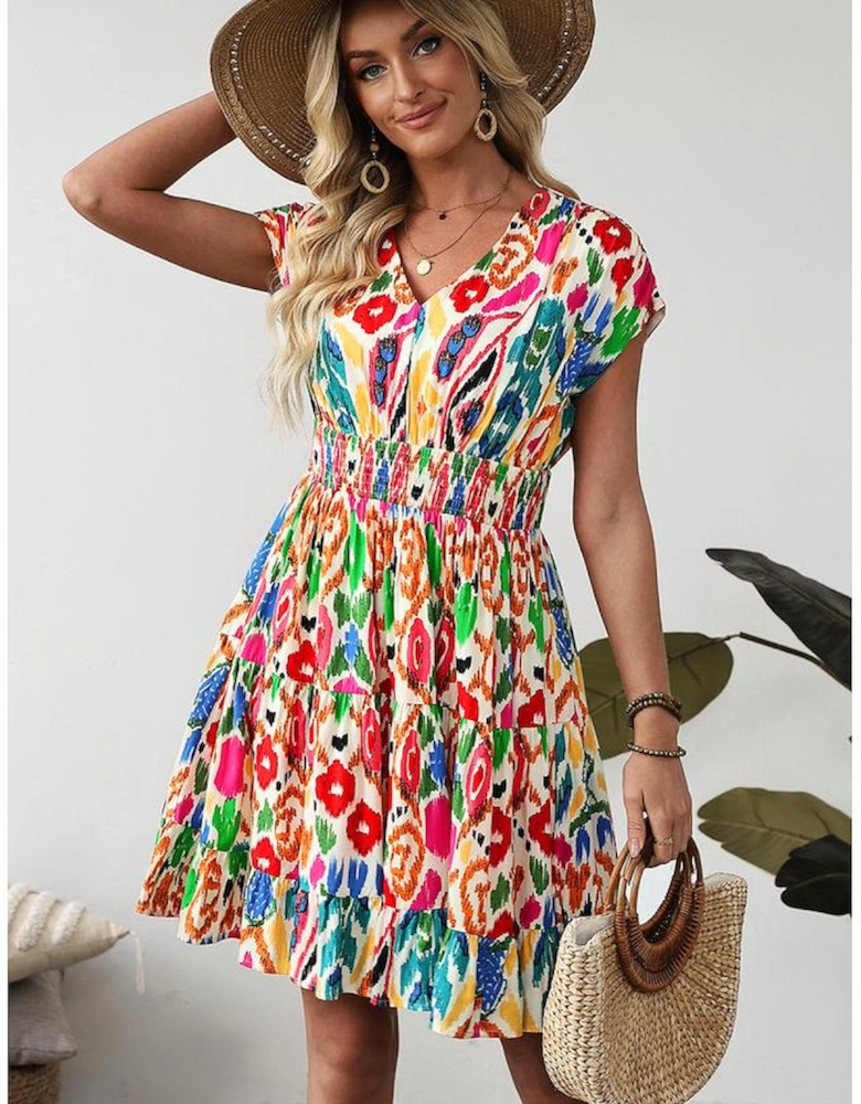 Sky Blue Abstract Print V Neck Dolman Sleeve Ruffle Tiered Mini Dress