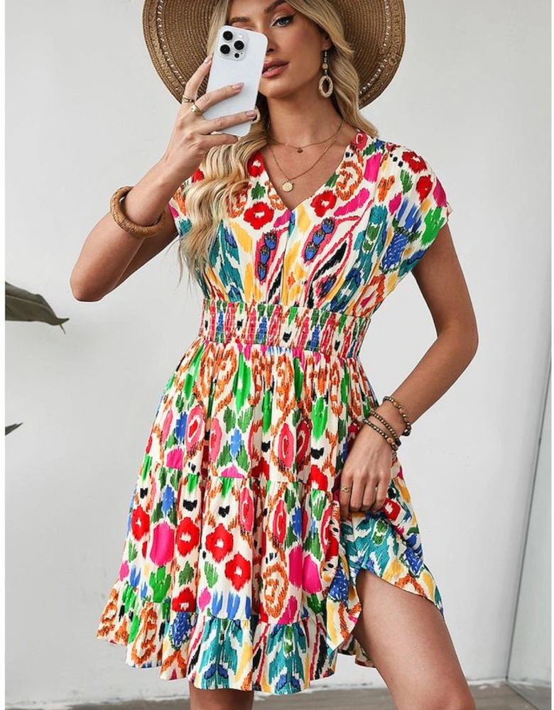 Sky Blue Abstract Print V Neck Dolman Sleeve Ruffle Tiered Mini Dress