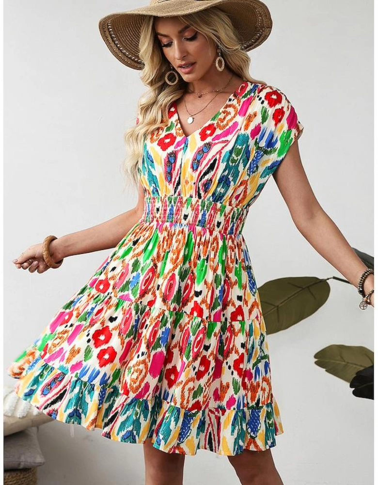 Sky Blue Abstract Print V Neck Dolman Sleeve Ruffle Tiered Mini Dress