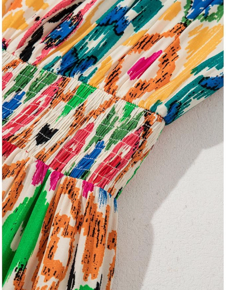 Sky Blue Abstract Print V Neck Dolman Sleeve Ruffle Tiered Mini Dress