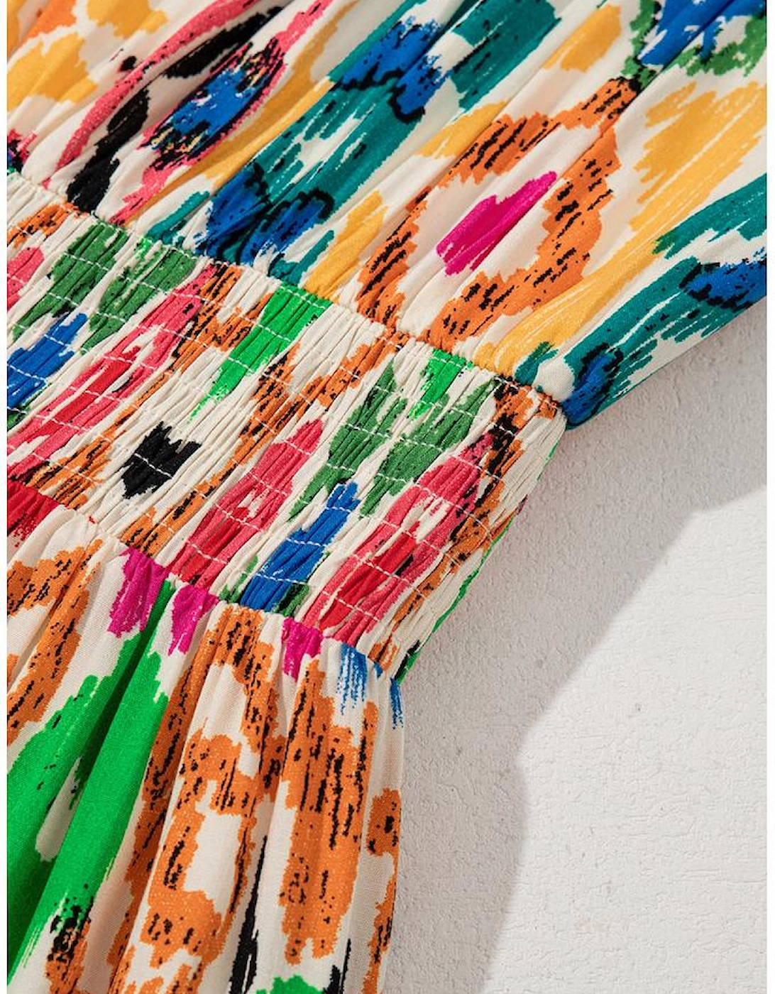 Sky Blue Abstract Print V Neck Dolman Sleeve Ruffle Tiered Mini Dress