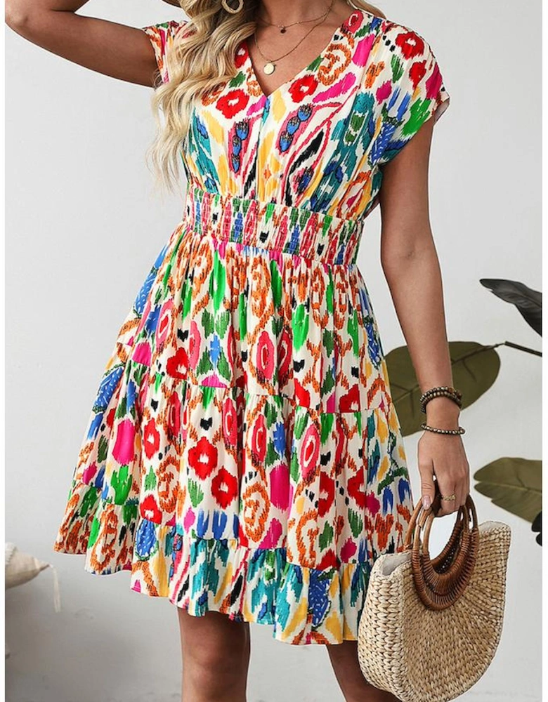 Sky Blue Abstract Print V Neck Dolman Sleeve Ruffle Tiered Mini Dress