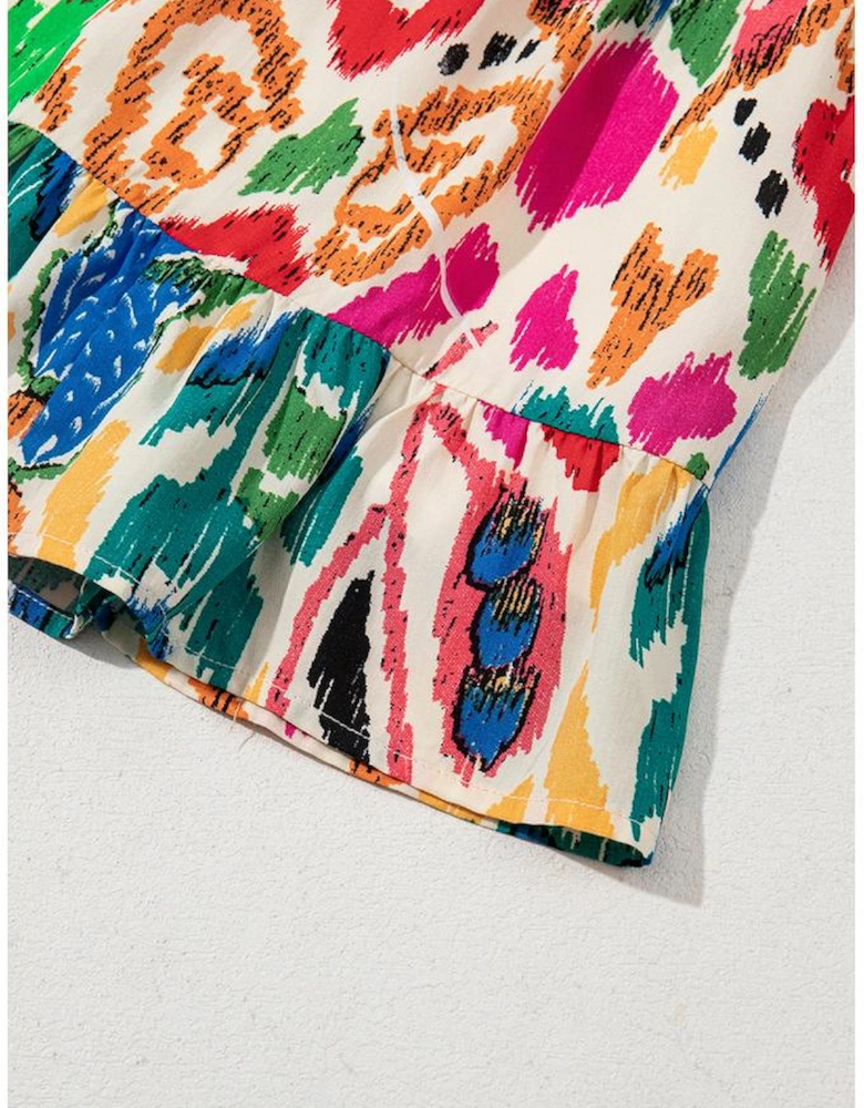 Sky Blue Abstract Print V Neck Dolman Sleeve Ruffle Tiered Mini Dress