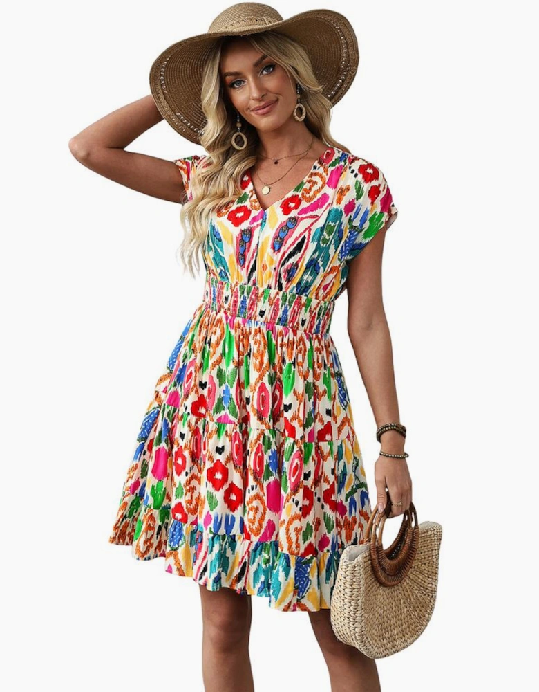 Sky Blue Abstract Print V Neck Dolman Sleeve Ruffle Tiered Mini Dress