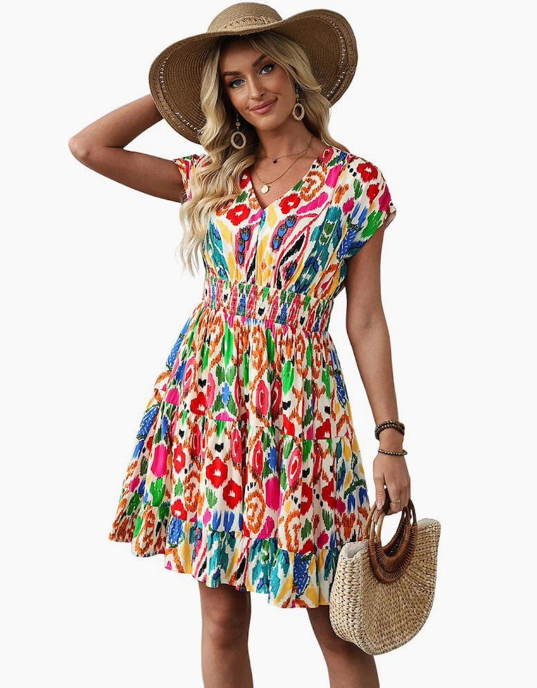 Sky Blue Abstract Print V Neck Dolman Sleeve Ruffle Tiered Mini Dress