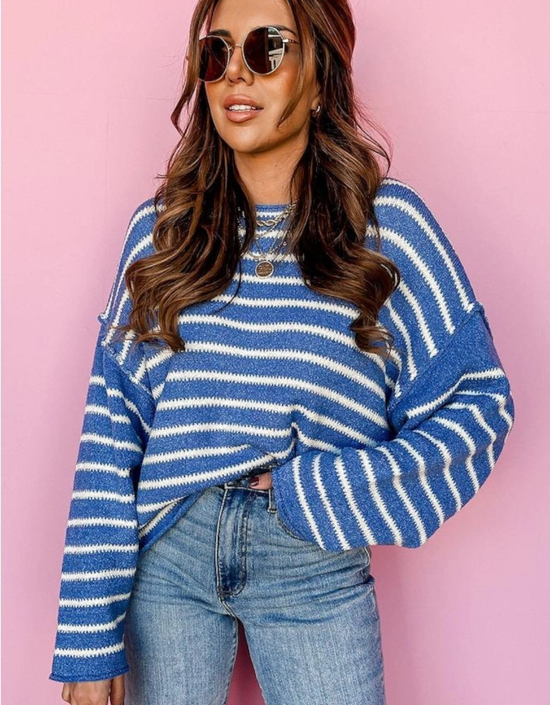 Sky Blue Stripe Drop Shoulder O Neck Plus Size Sweater