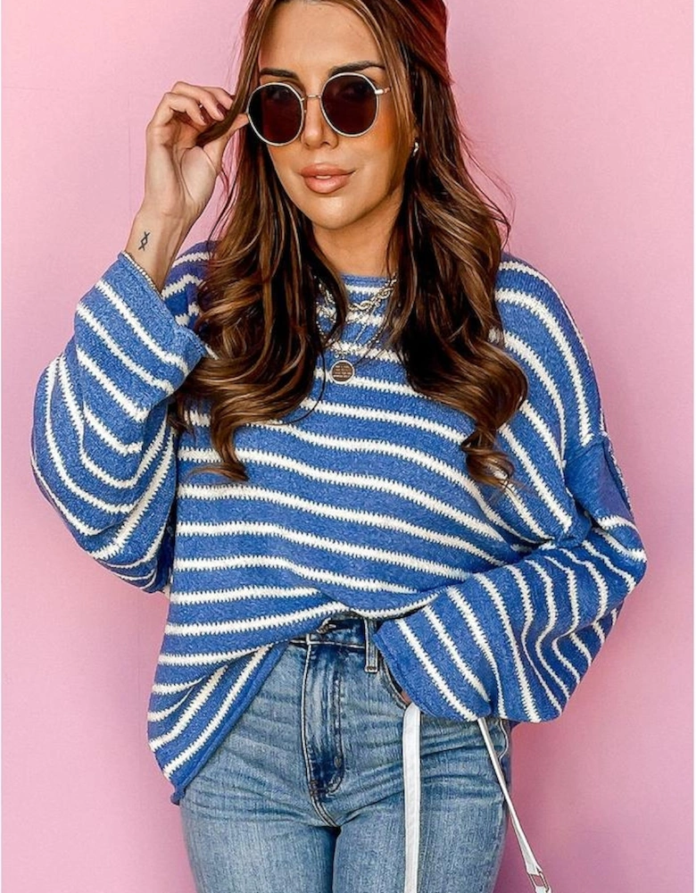 Sky Blue Stripe Drop Shoulder O Neck Plus Size Sweater