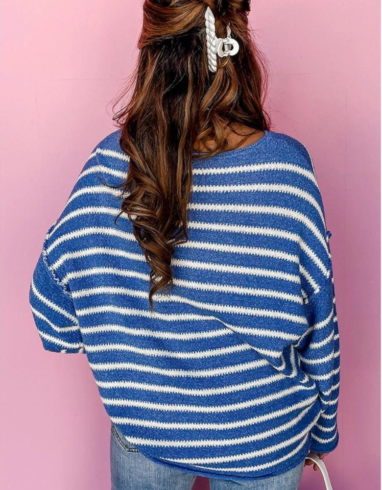 Sky Blue Stripe Drop Shoulder O Neck Plus Size Sweater