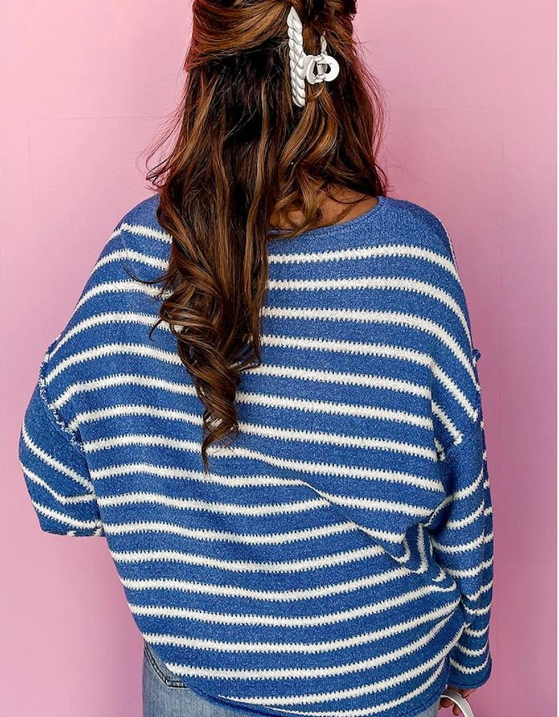 Sky Blue Stripe Drop Shoulder O Neck Plus Size Sweater