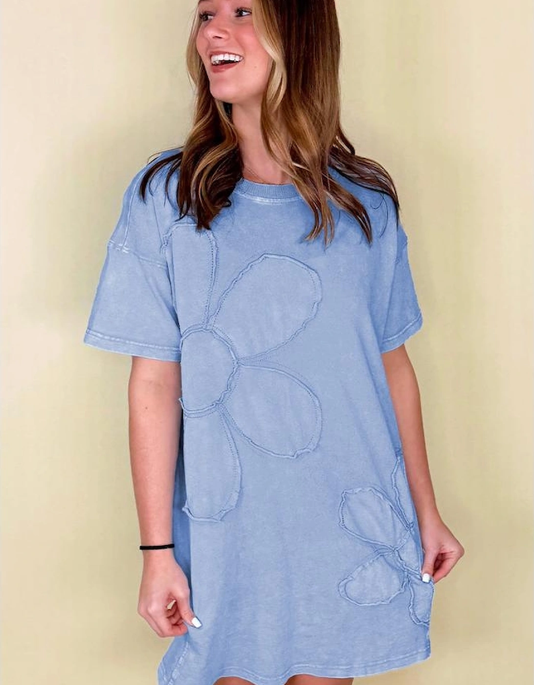 Sky Blue Mineral Wash Flower Patchwork Mini T Shirt Dress