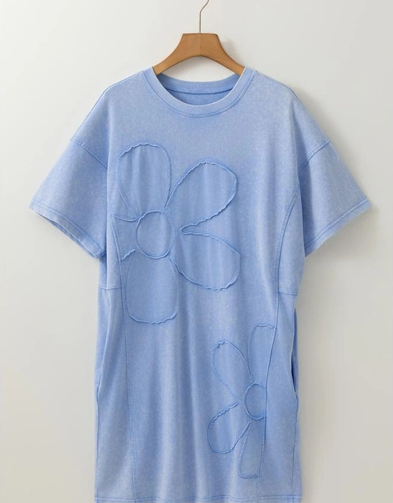 Sky Blue Mineral Wash Flower Patchwork Mini T Shirt Dress