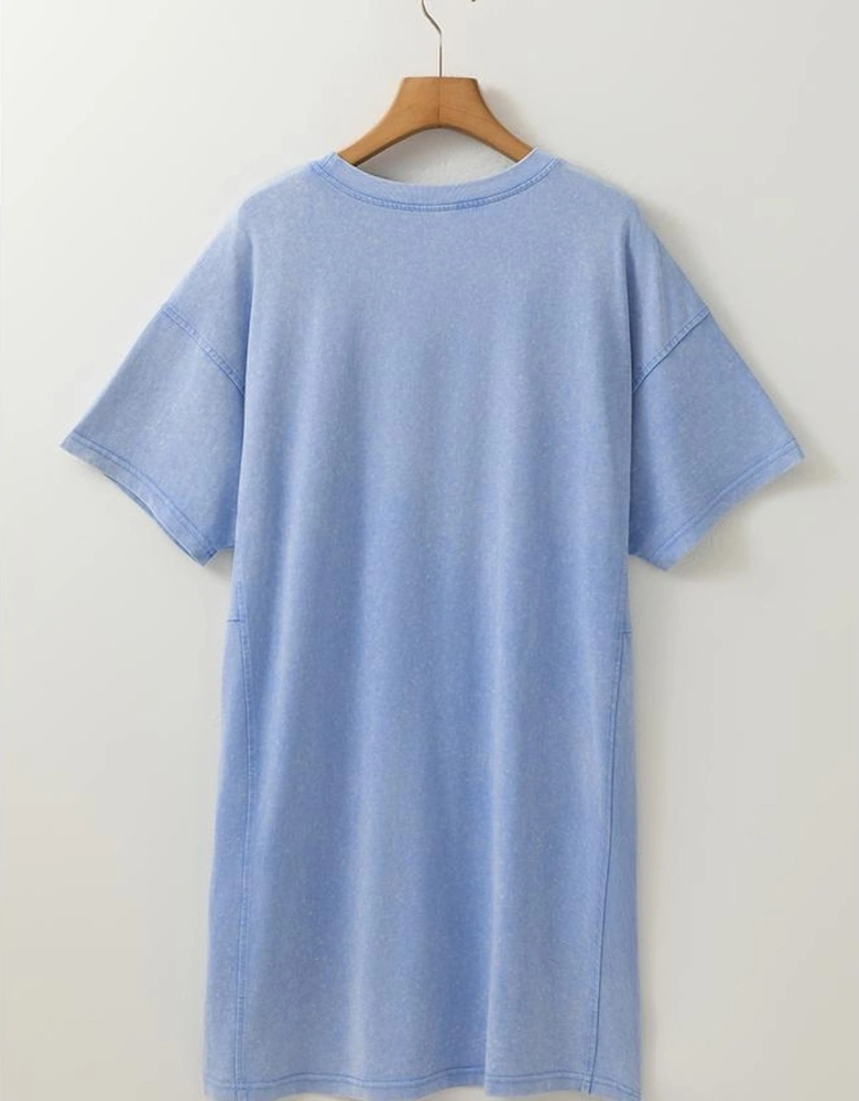 Sky Blue Mineral Wash Flower Patchwork Mini T Shirt Dress