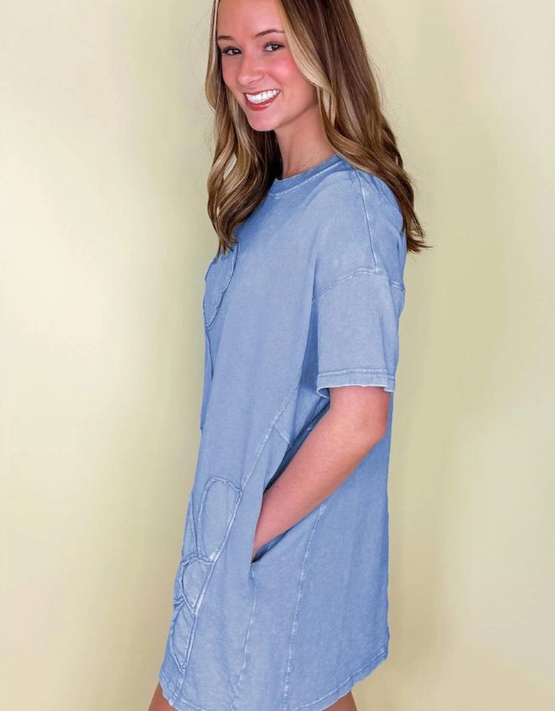 Sky Blue Mineral Wash Flower Patchwork Mini T Shirt Dress