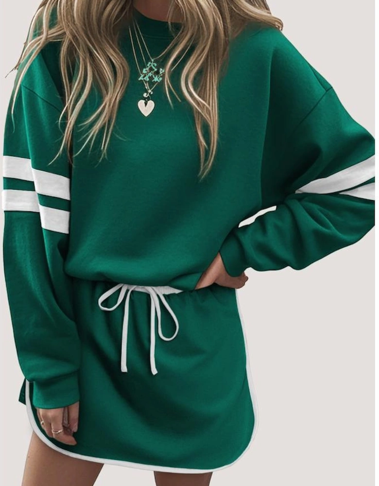 Evergreen Varsity Stripe Detail Drop Shoulder Pullover Mini Skirt Set