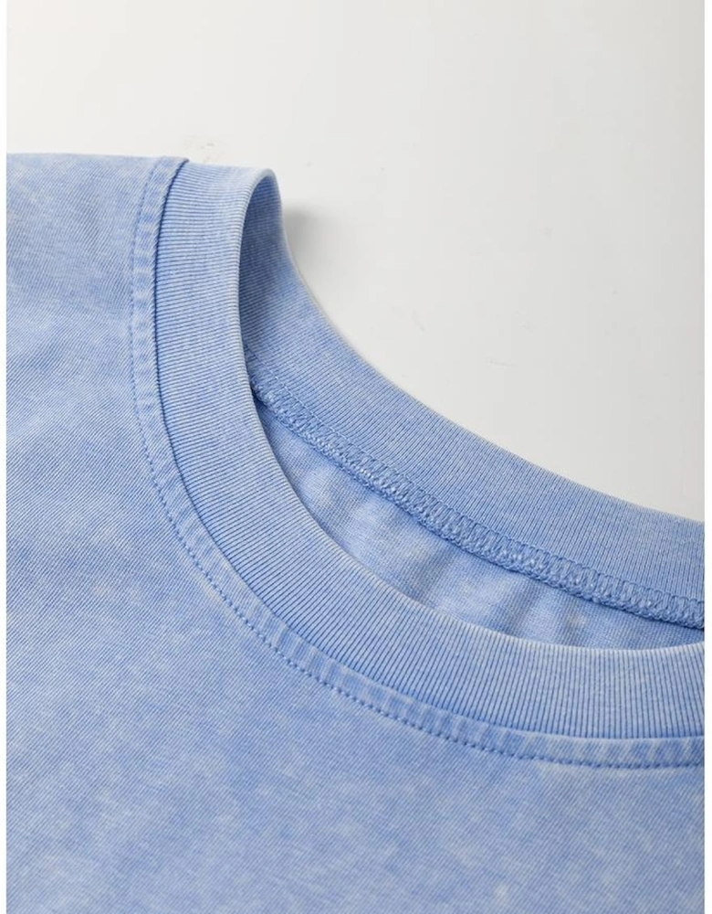 Sky Blue Mineral Wash Flower Patchwork Mini T Shirt Dress