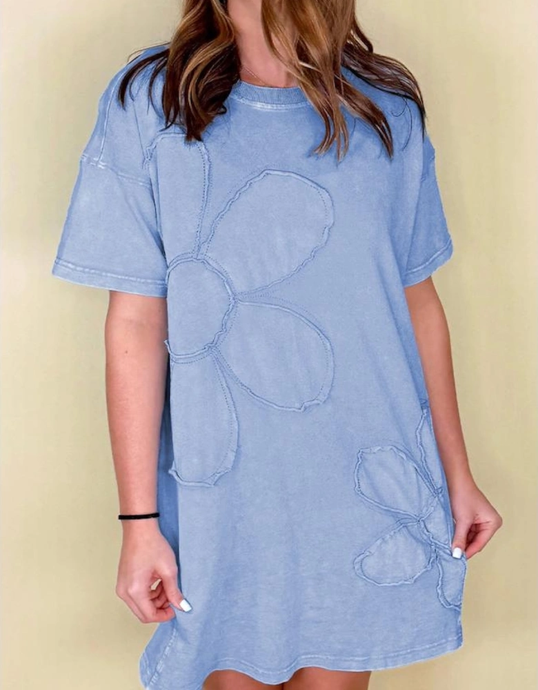 Sky Blue Mineral Wash Flower Patchwork Mini T Shirt Dress