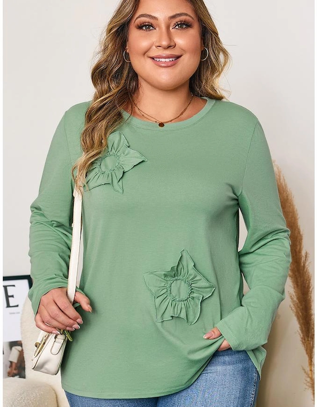 Grass Green Flower Applique Mineral Wash Plus Size Top