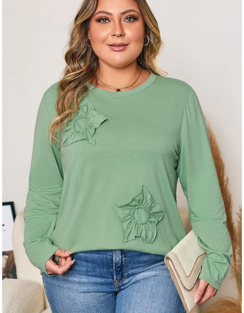 Grass Green Flower Applique Mineral Wash Plus Size Top