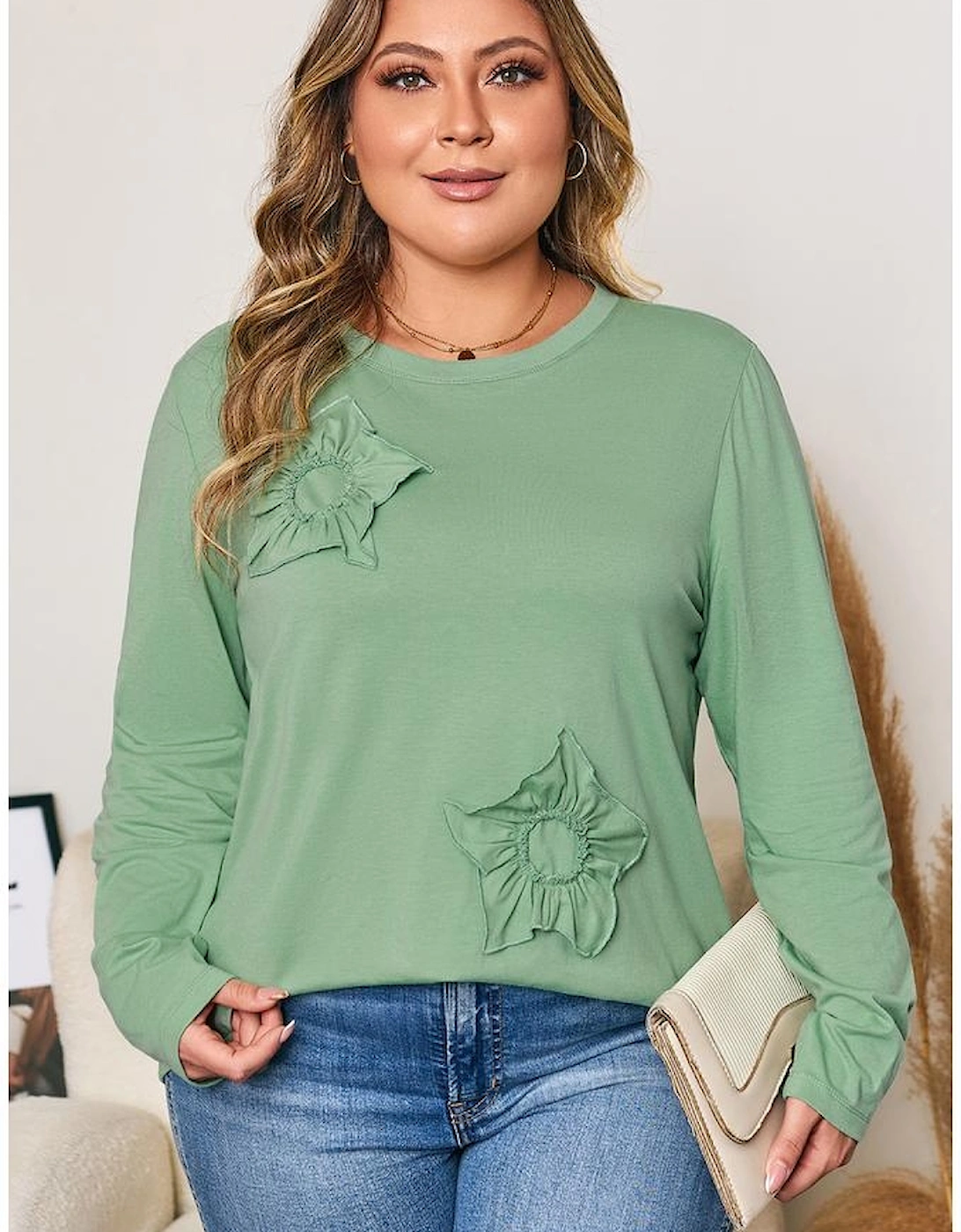 Grass Green Flower Applique Mineral Wash Plus Size Top