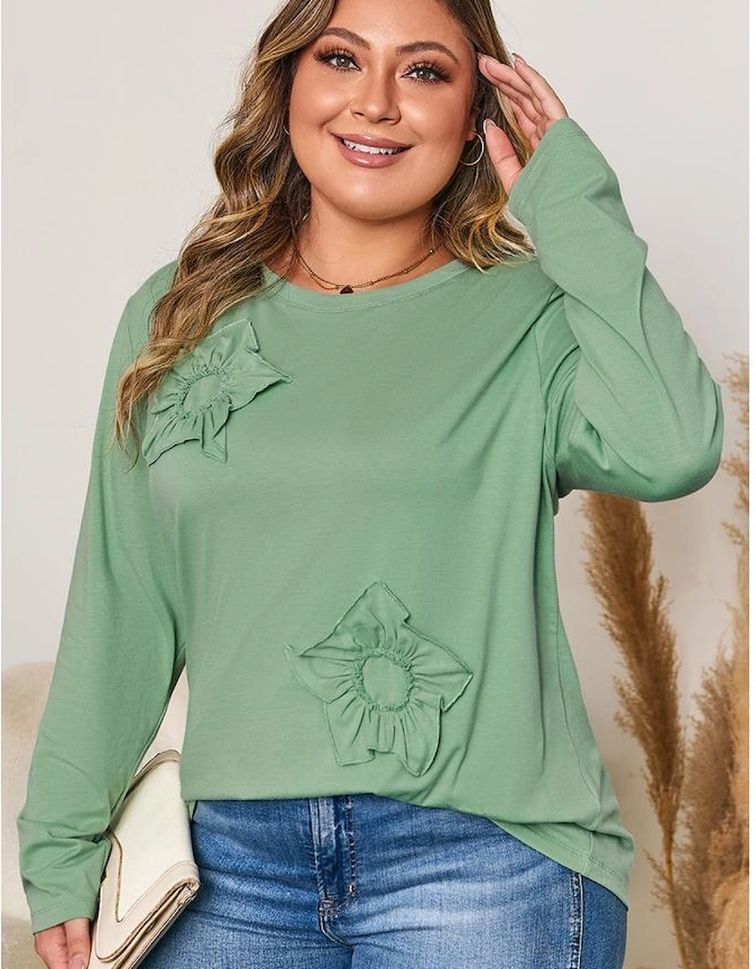 Grass Green Flower Applique Mineral Wash Plus Size Top