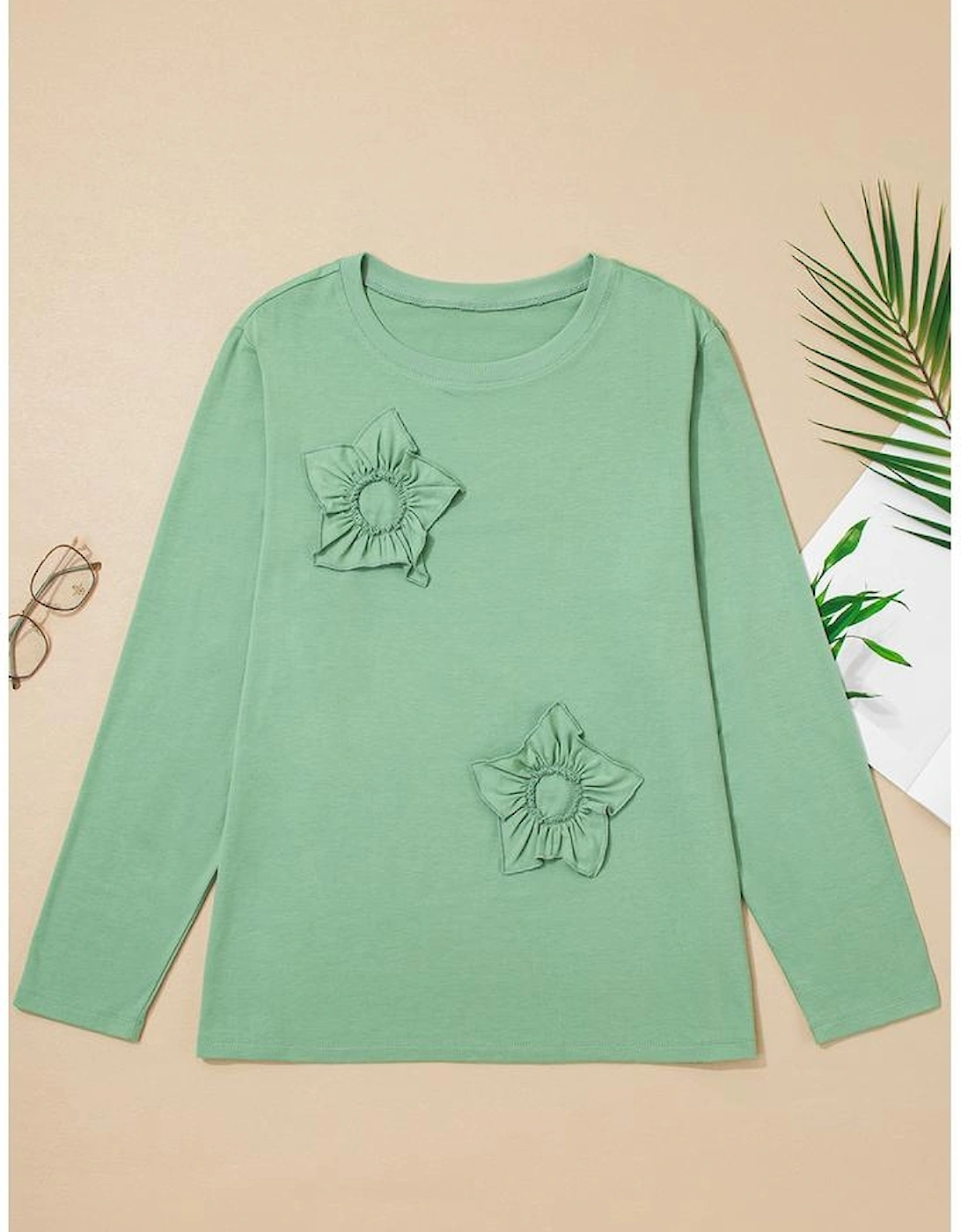 Grass Green Flower Applique Mineral Wash Plus Size Top