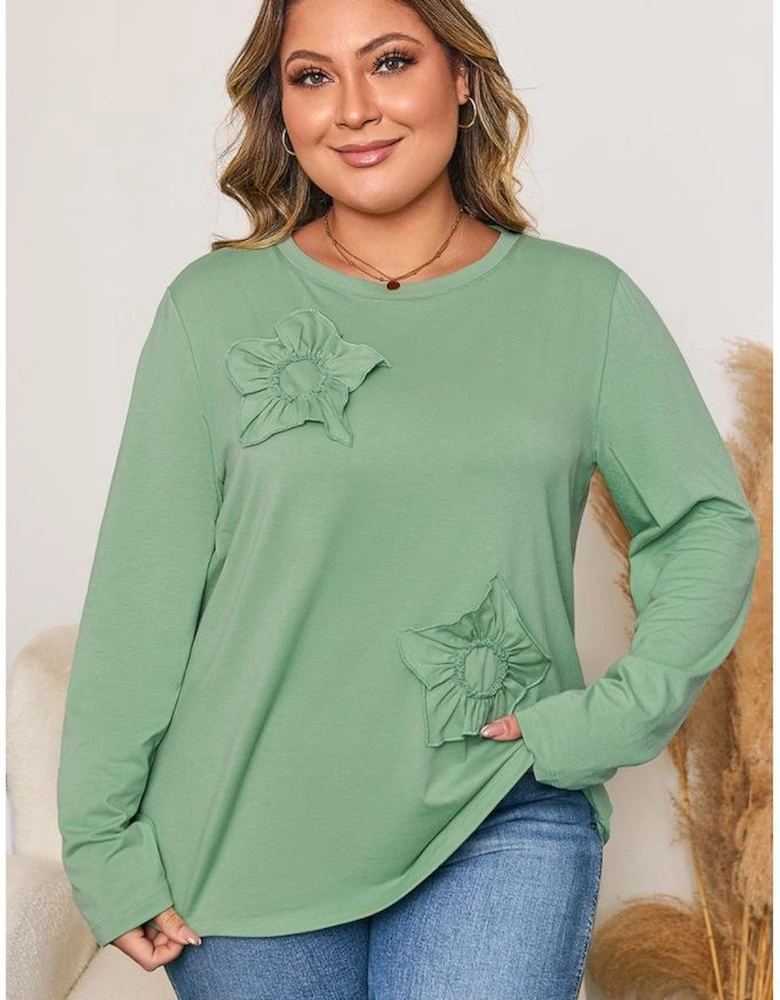 Grass Green Flower Applique Mineral Wash Plus Size Top