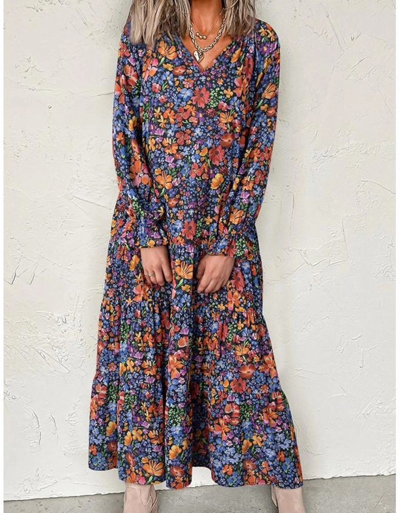 Blue Floral Print Tassel Tie V Neck Long Sleeve Flowy Long Dress