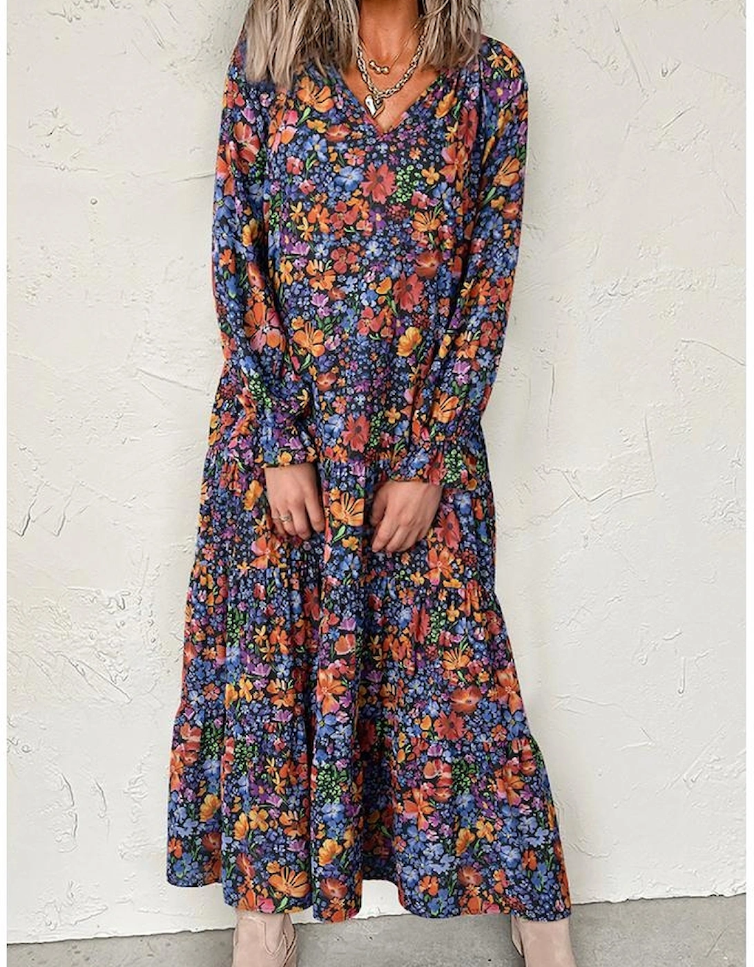 Blue Floral Print Tassel Tie V Neck Long Sleeve Flowy Long Dress
