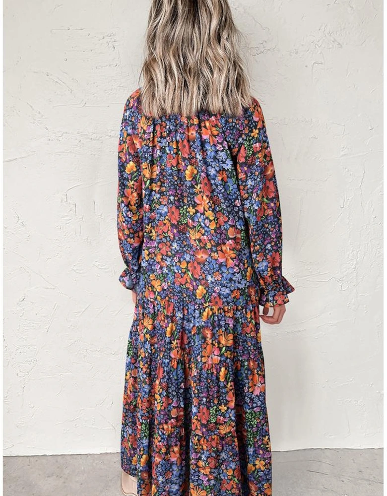 Blue Floral Print Tassel Tie V Neck Long Sleeve Flowy Long Dress