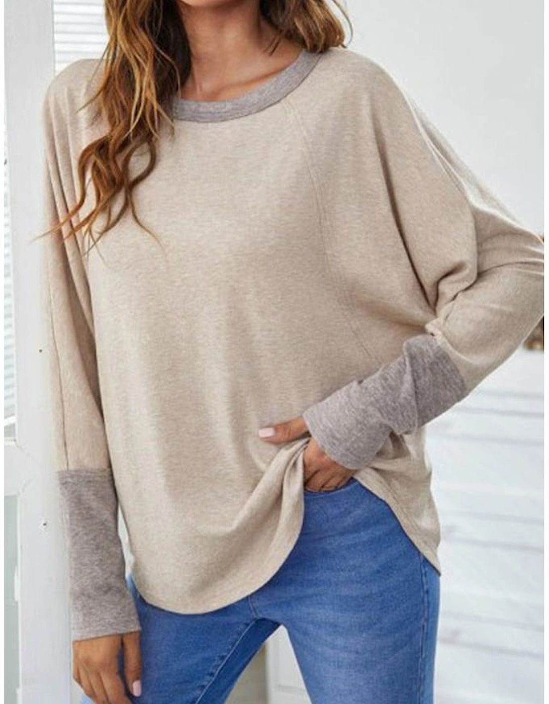 Khaki Contrast Cuffs Batwing Sleeve Loose Top