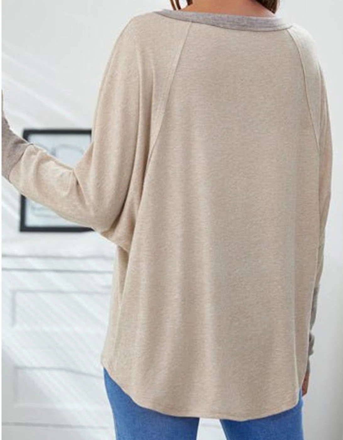 Khaki Contrast Cuffs Batwing Sleeve Loose Top