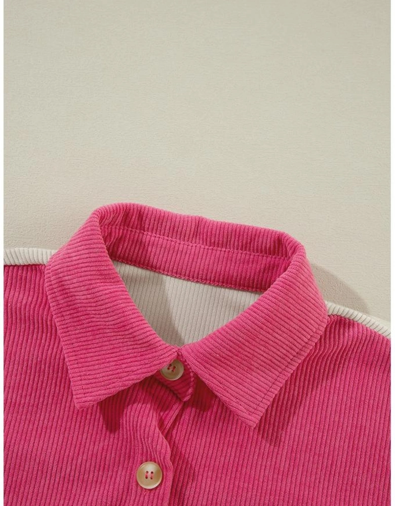 Rose Red Colorblock Curved Hem Corduroy Shacket with Pocket
