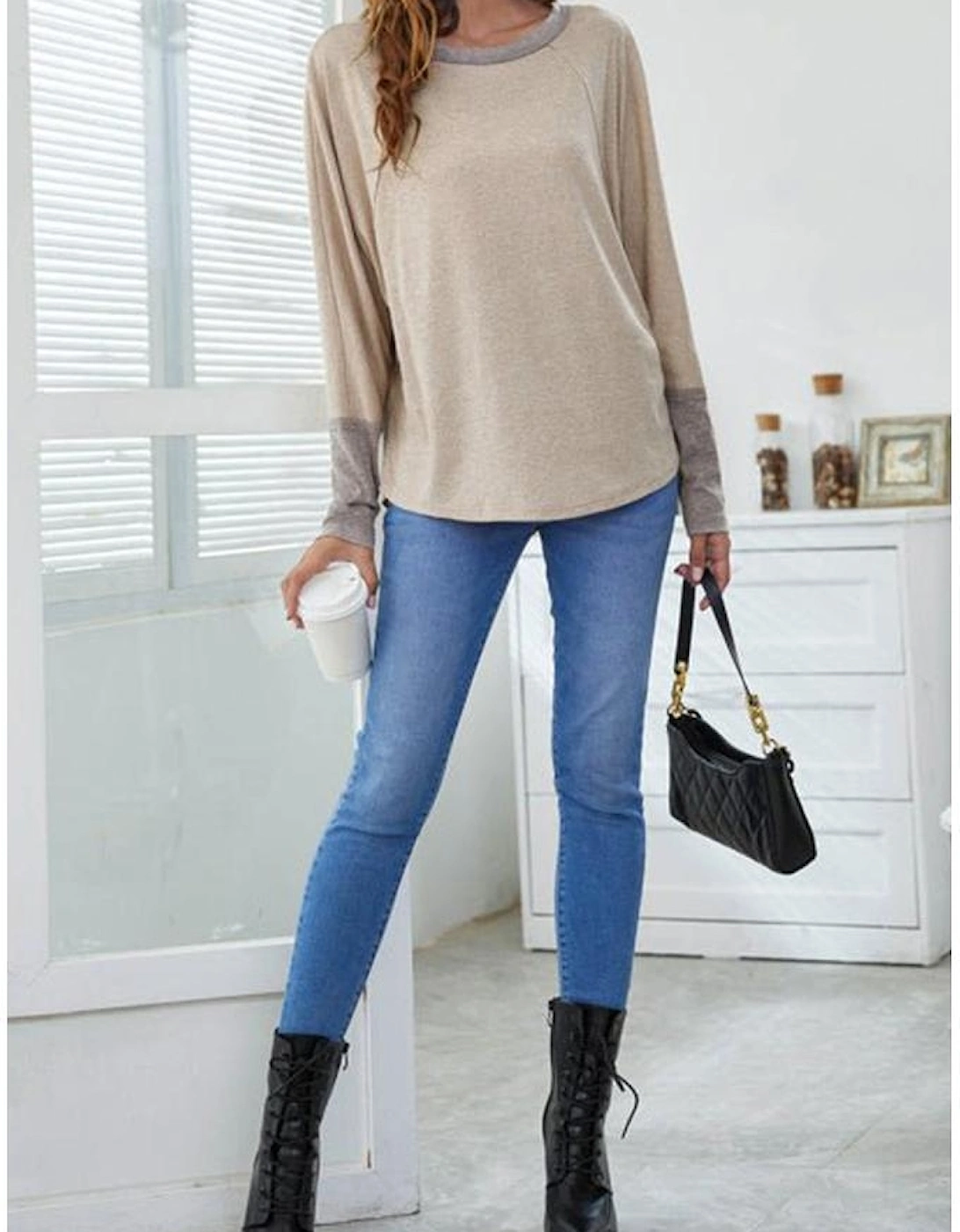 Khaki Contrast Cuffs Batwing Sleeve Loose Top, 6 of 5