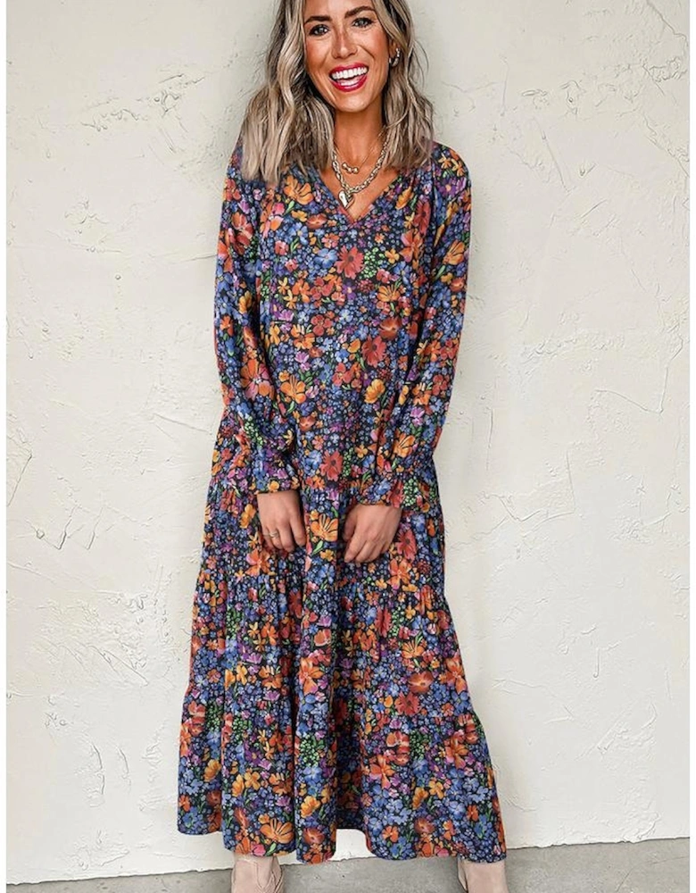 Blue Floral Print Tassel Tie V Neck Long Sleeve Flowy Long Dress